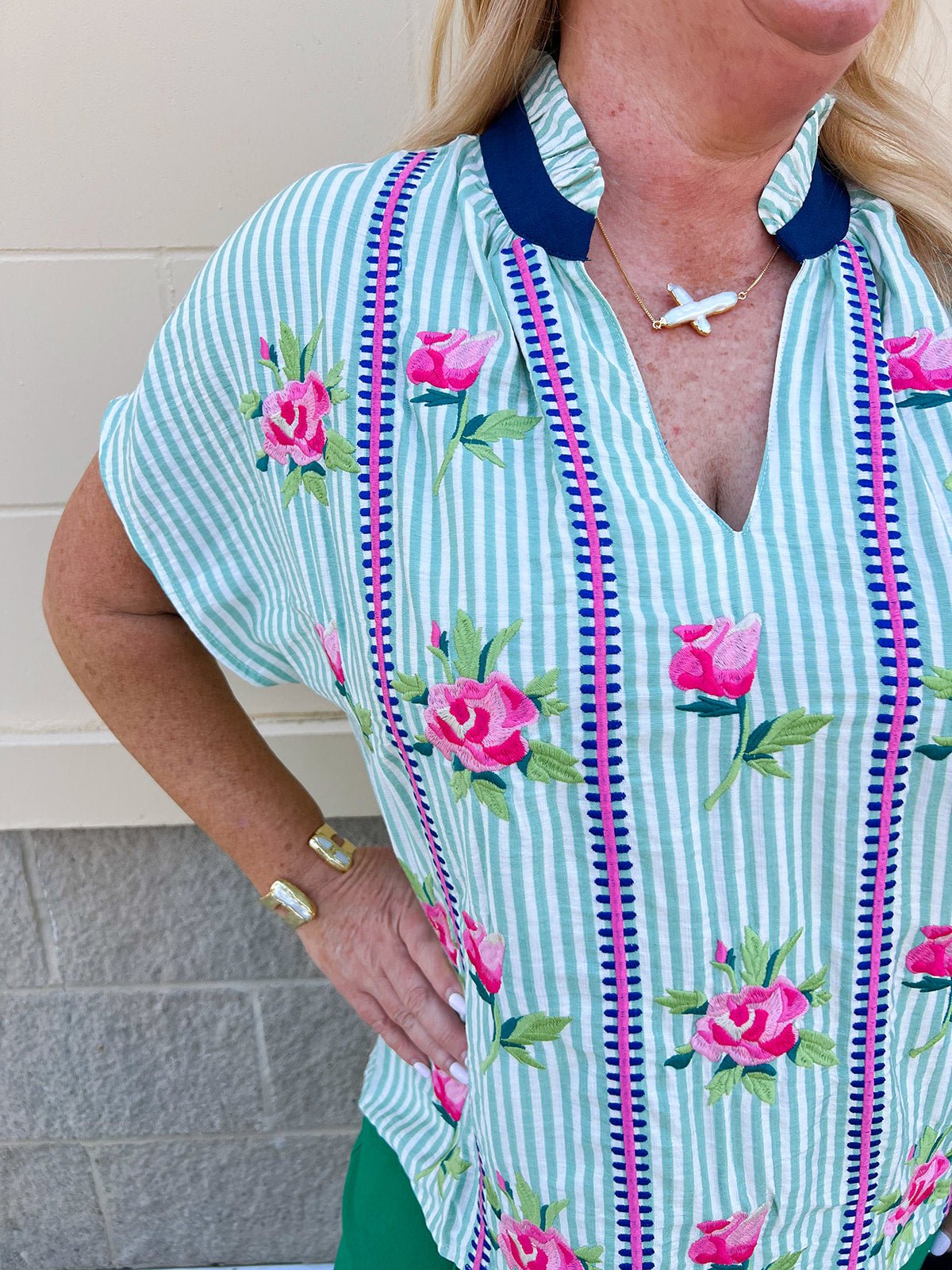 [THML] Meadow Stripe Embroidered Top - The Pink Pineapple 850