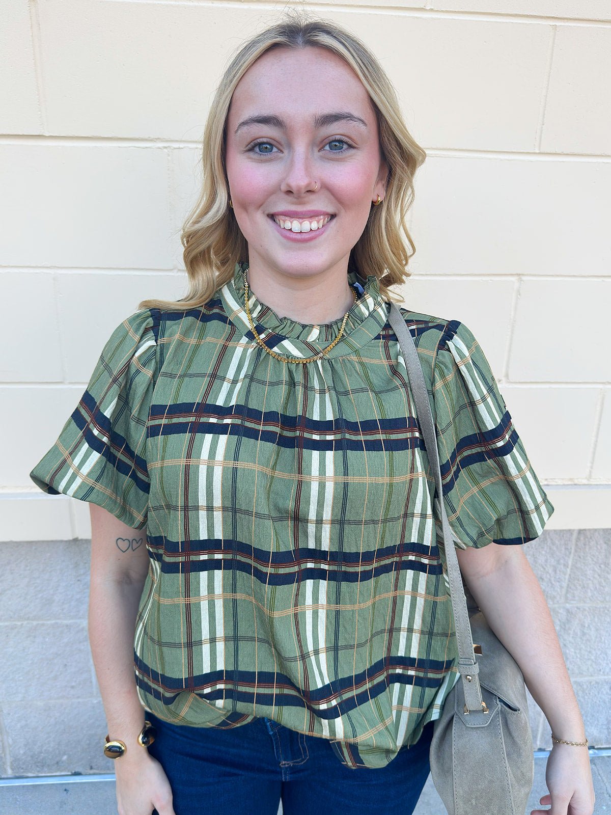 [THML] Ruffle Neck Plaid Blouse - The Pink Pineapple 850
