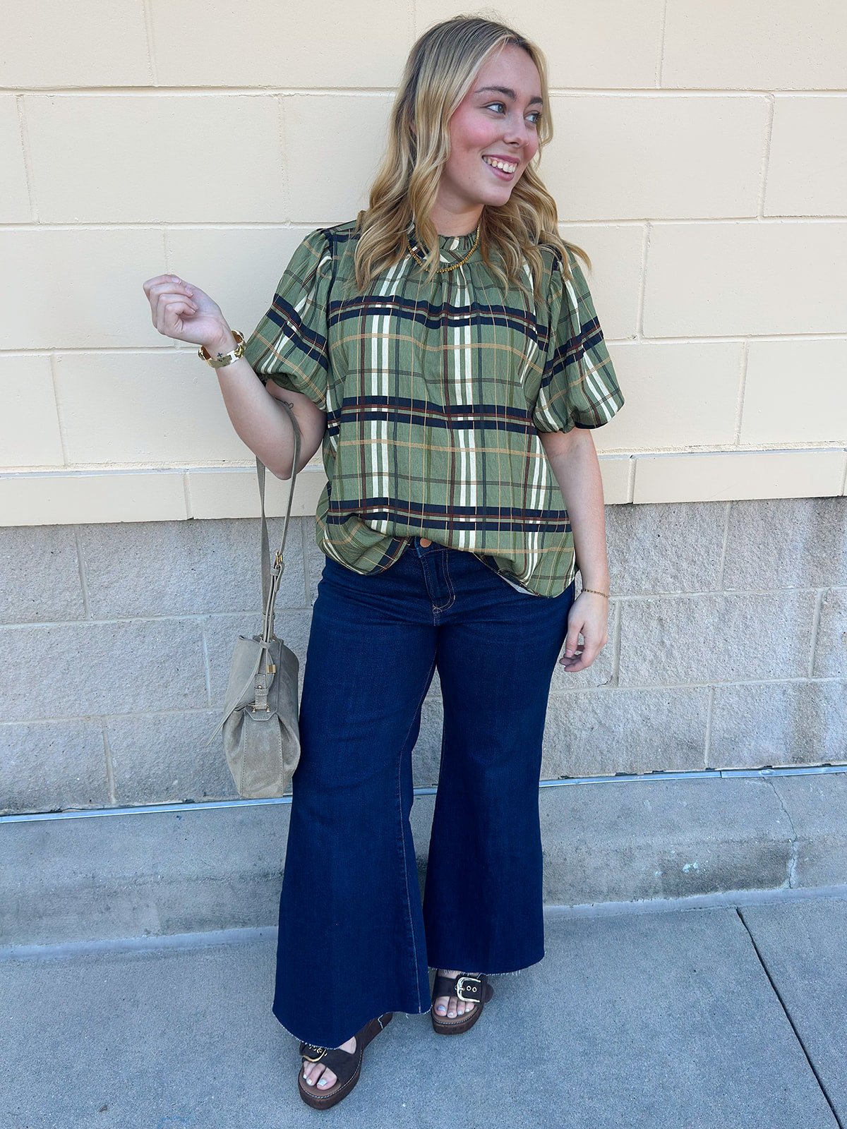 [THML] Ruffle Neck Plaid Blouse - The Pink Pineapple 850