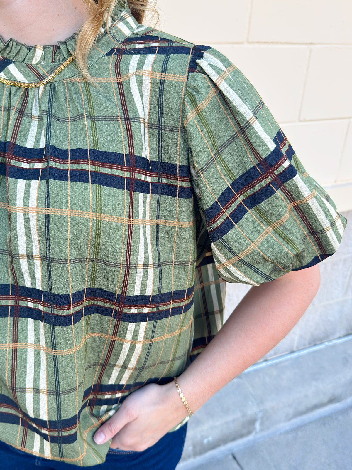 [THML] Ruffle Neck Plaid Blouse - The Pink Pineapple 850