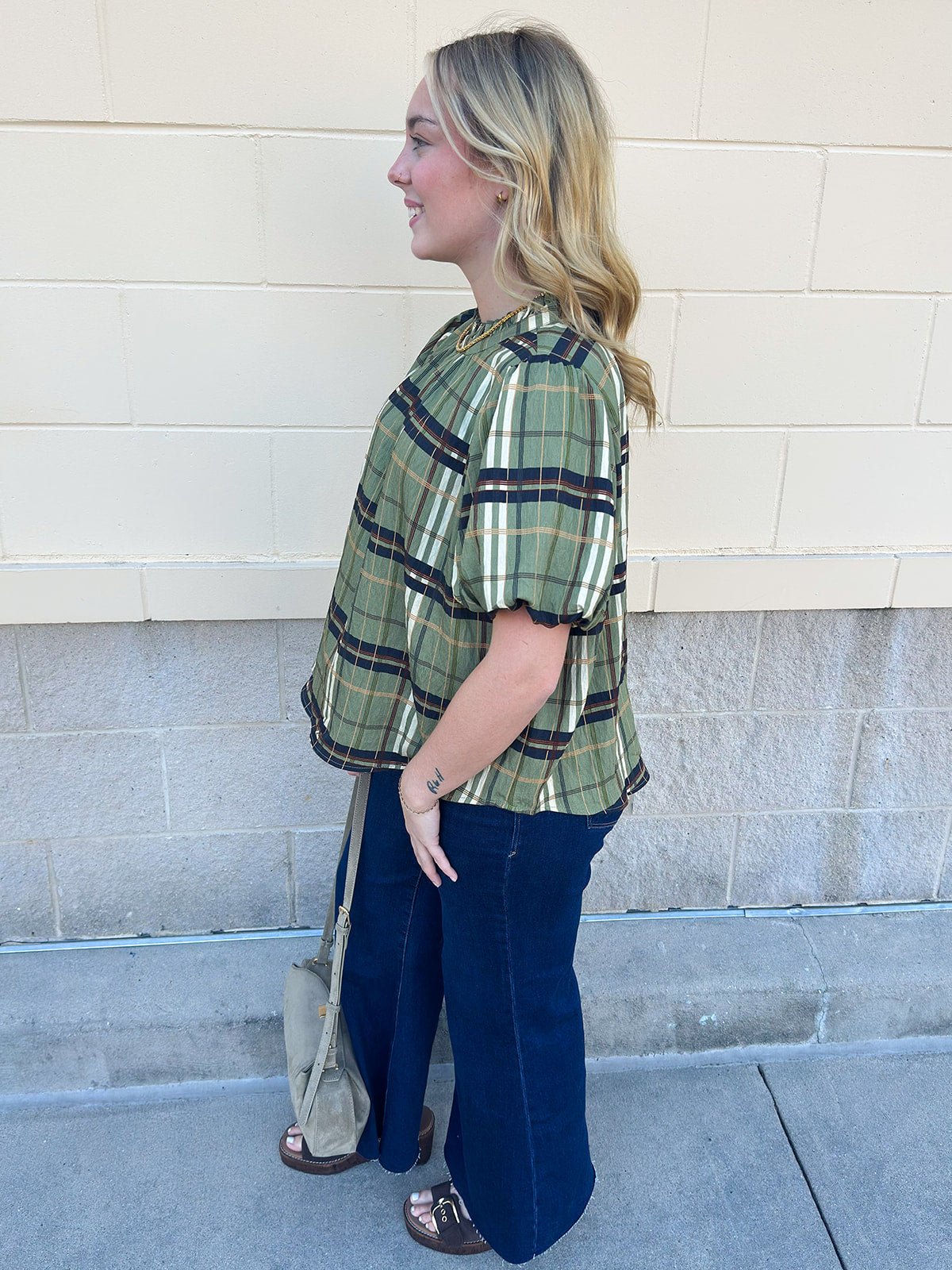 [THML] Ruffle Neck Plaid Blouse - The Pink Pineapple 850