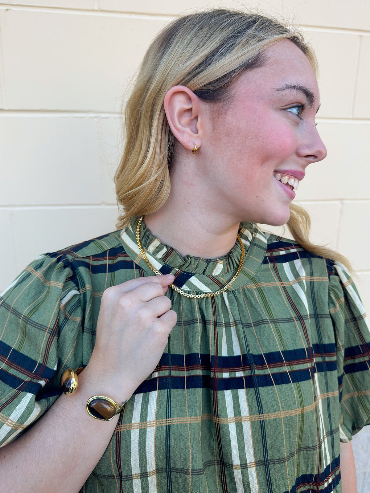 [THML] Ruffle Neck Plaid Blouse - The Pink Pineapple 850