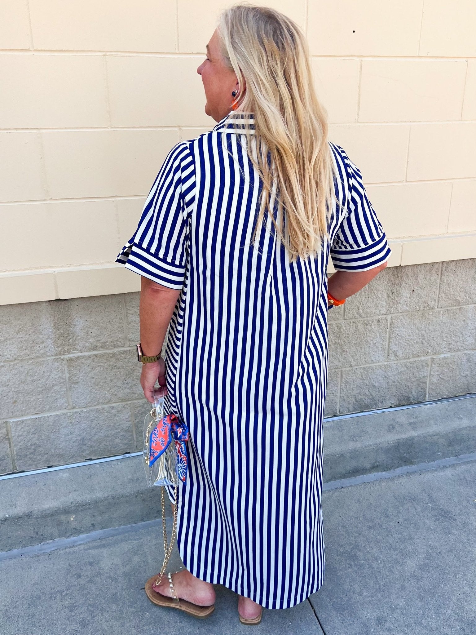 Tradition Stripe Button Up Maxi Dress in Navy - The Pink Pineapple 850