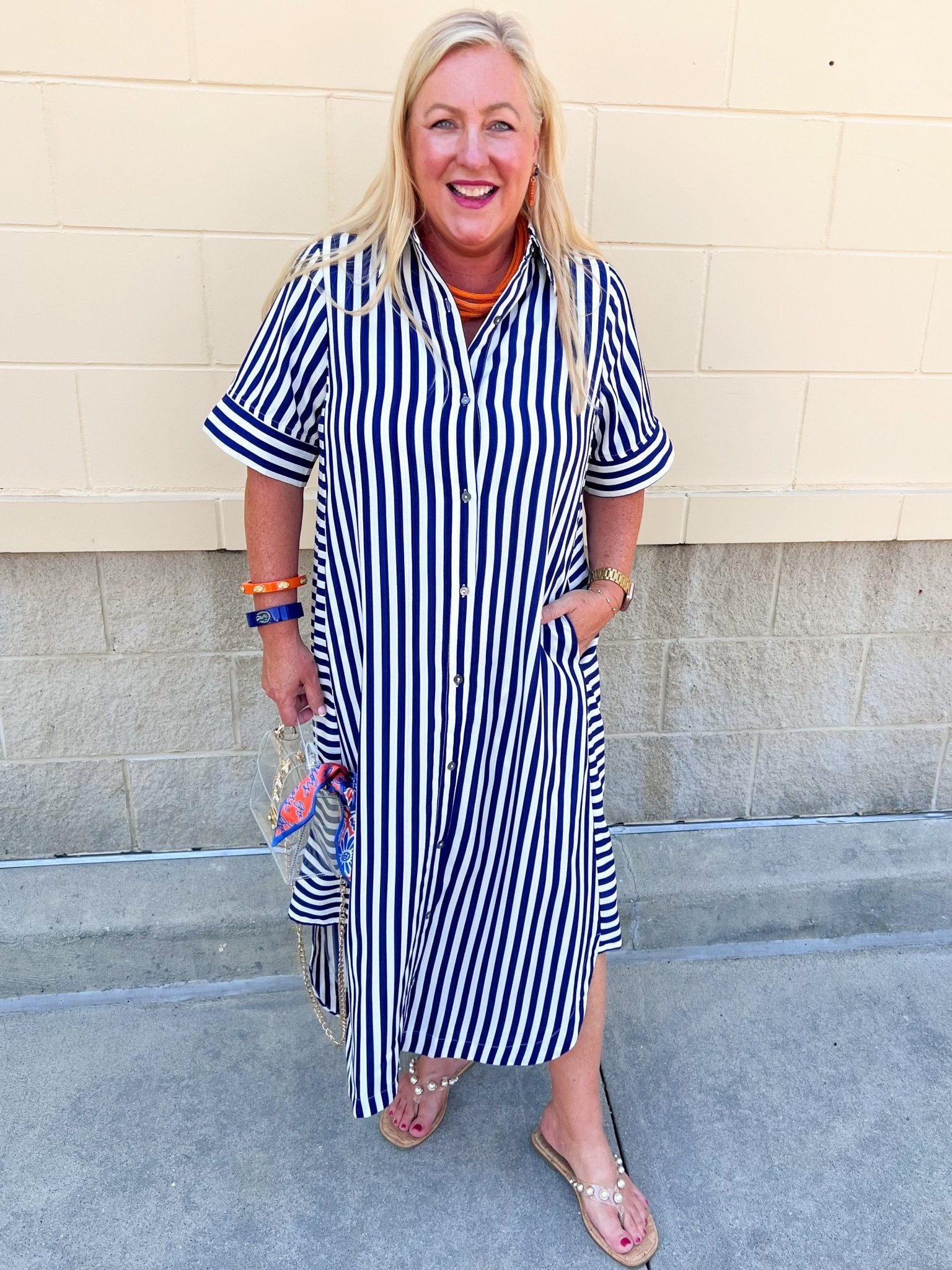 Tradition Stripe Button Up Maxi Dress in Navy - The Pink Pineapple 850