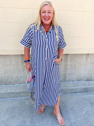 Tradition Stripe Button Up Maxi Dress in Navy - The Pink Pineapple 850