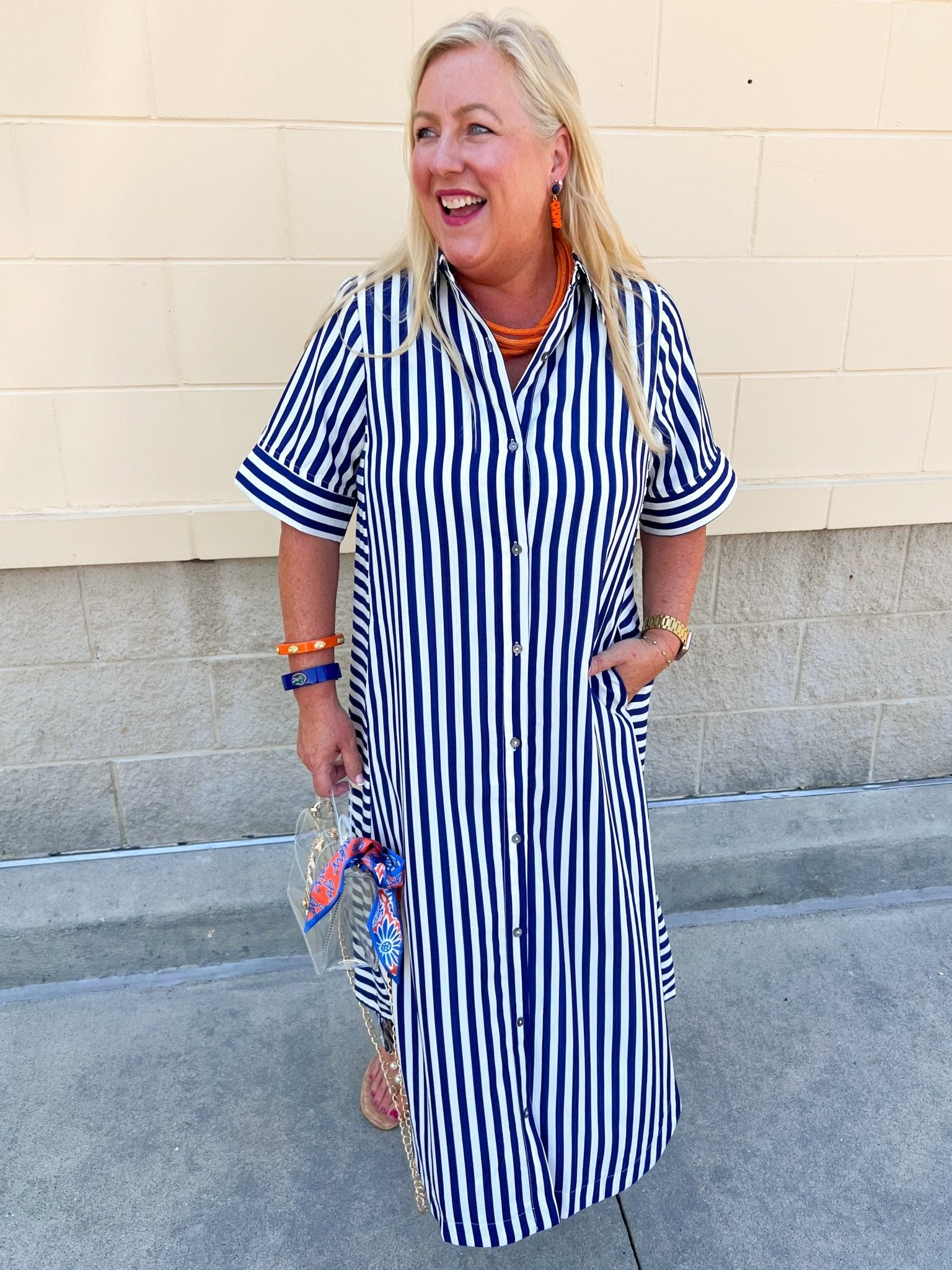 Tradition Stripe Button Up Maxi Dress in Navy - The Pink Pineapple 850