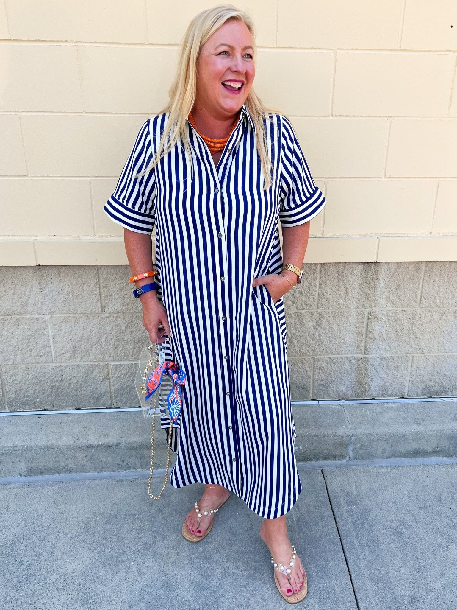 Tradition Stripe Button Up Maxi Dress in Navy - The Pink Pineapple 850