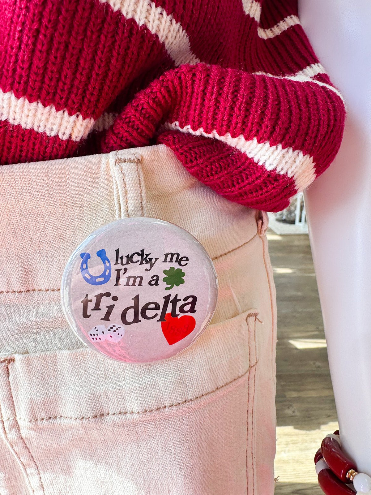 Tri Delta Lucky Me I'm a Tri Delta Button Pin - The Pink Pineapple 850
