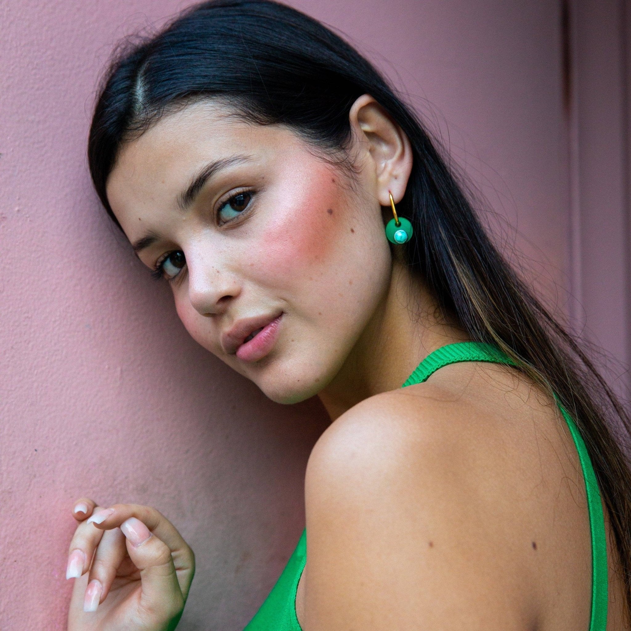 [Tribe + Temple] Deco Glam Medallion Oval Hoops - Green - The Pink Pineapple 850