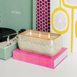 Silver mosaic three-wick candle with a rectangular silhouette, displayed as elegant home décor