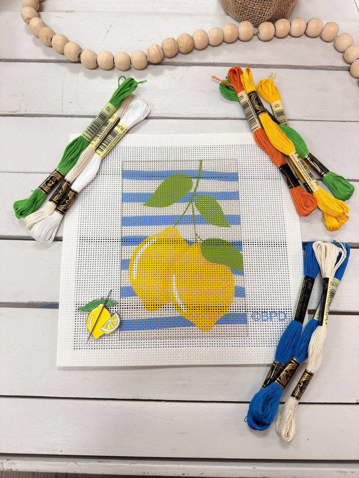 Two Lemons on Blue Stripes Needlepoint Kit - The Pink Pineapple 850