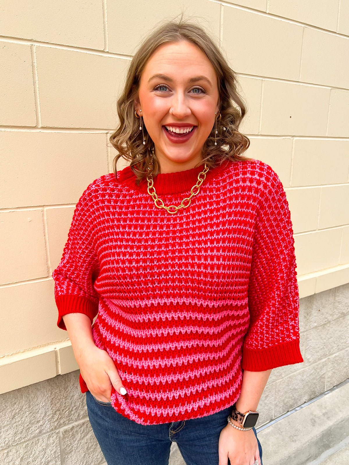 Valentine Color Block 3/4 Draped Sleeve Slouchy Sweater - The Pink Pineapple 850