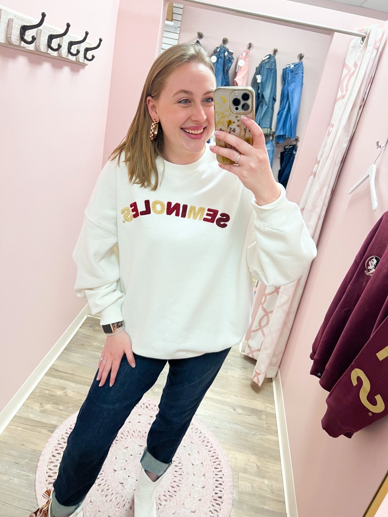 Varsity Charm Crew in White - The Pink Pineapple 850