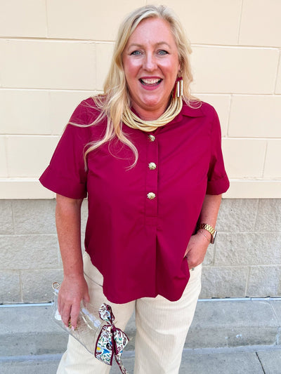 Victory Charm Button Up Blouse in Garnet - The Pink Pineapple 850