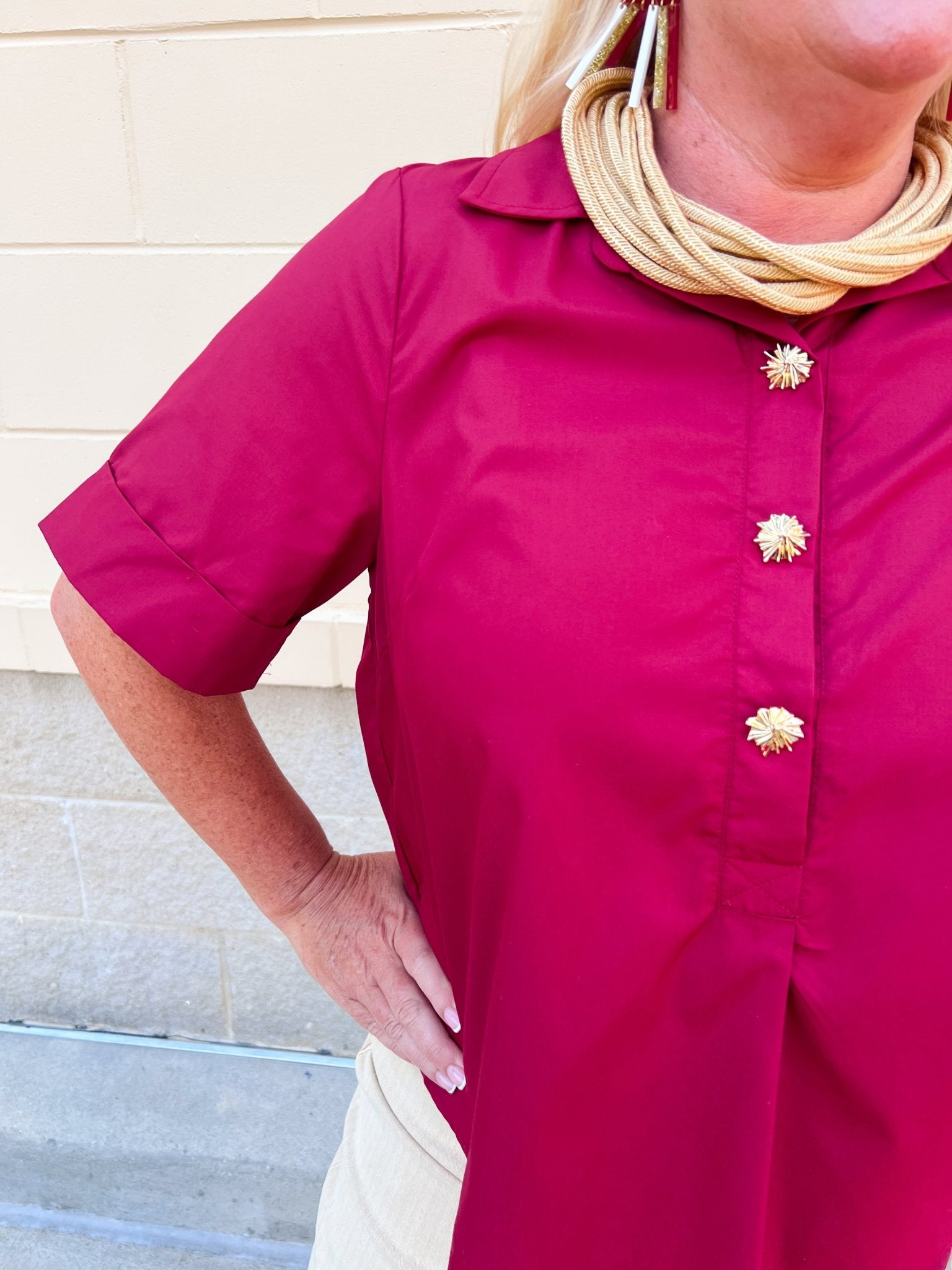Victory Charm Button Up Blouse in Garnet - The Pink Pineapple 850