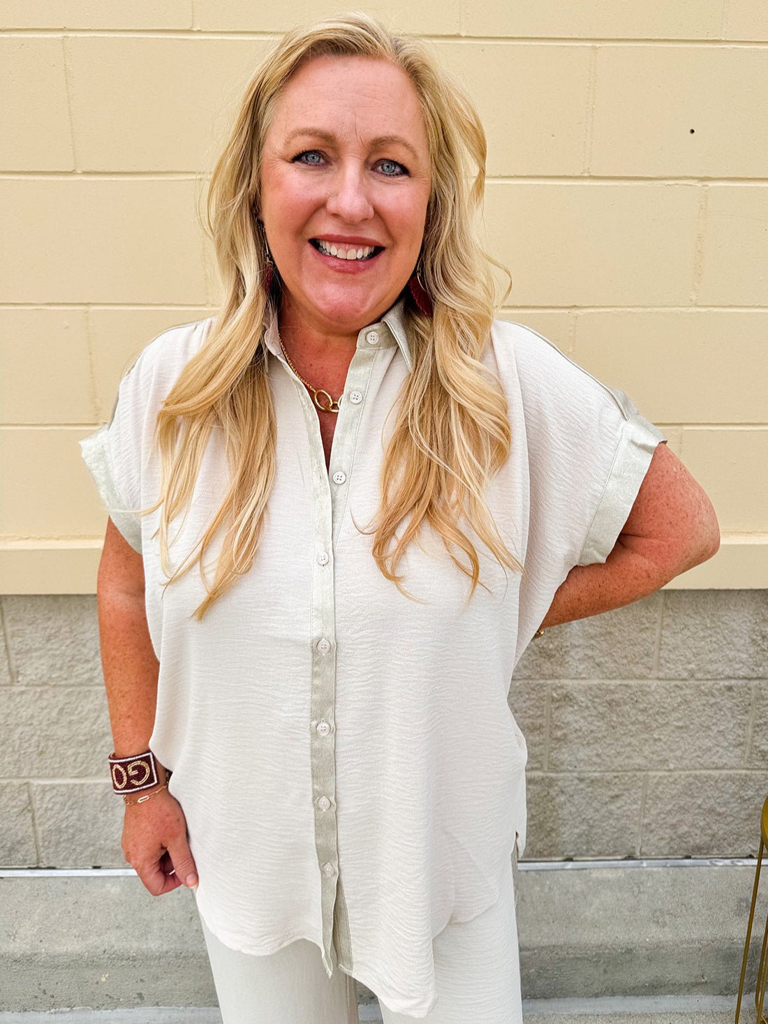 Victory Lap Button Down Top in Oatmeal - The Pink Pineapple 850