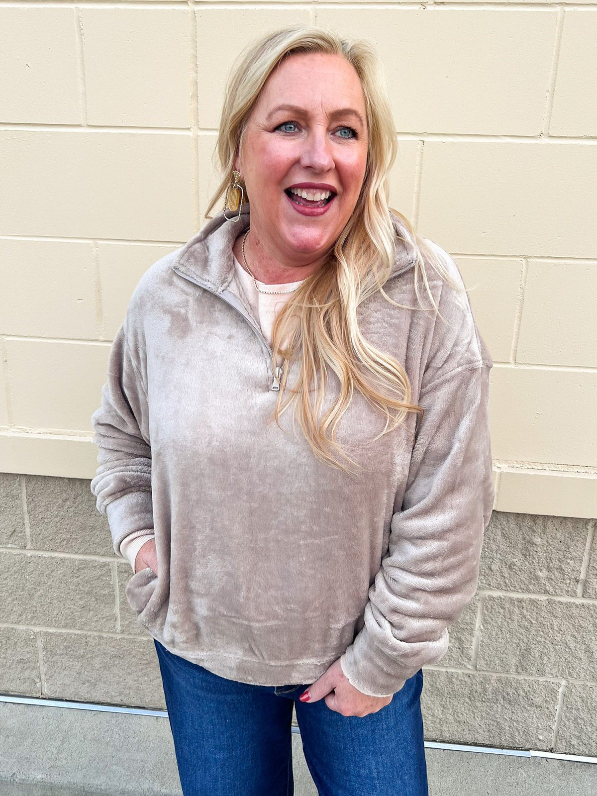 Warmth Whisper Fuzzy Quarter Zip in Tan - The Pink Pineapple 850