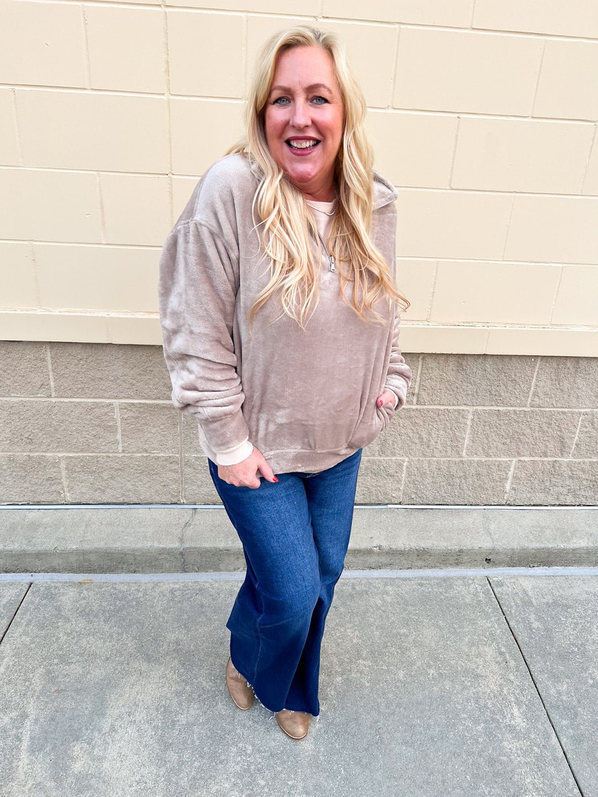 Warmth Whisper Fuzzy Quarter Zip in Tan - The Pink Pineapple 850