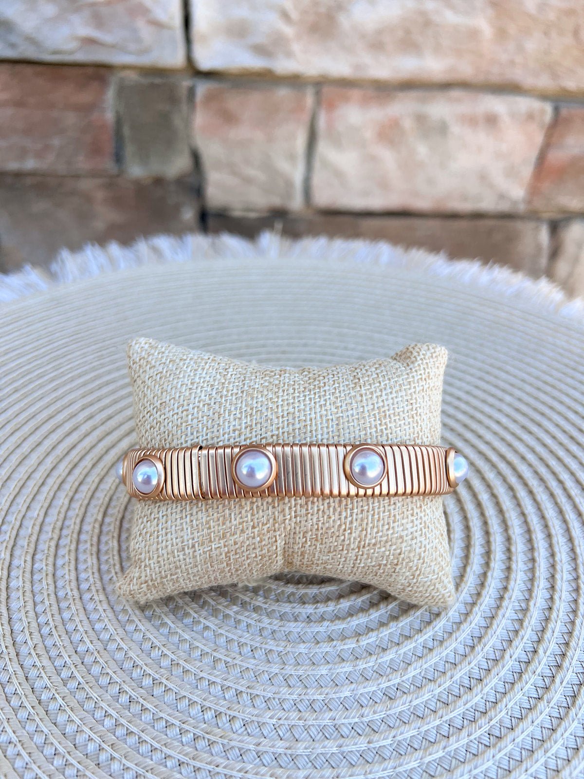 Water Resistant Ribbed Gold Stretch Bracelet with Pearl Accents - The Pink Pineapple 850