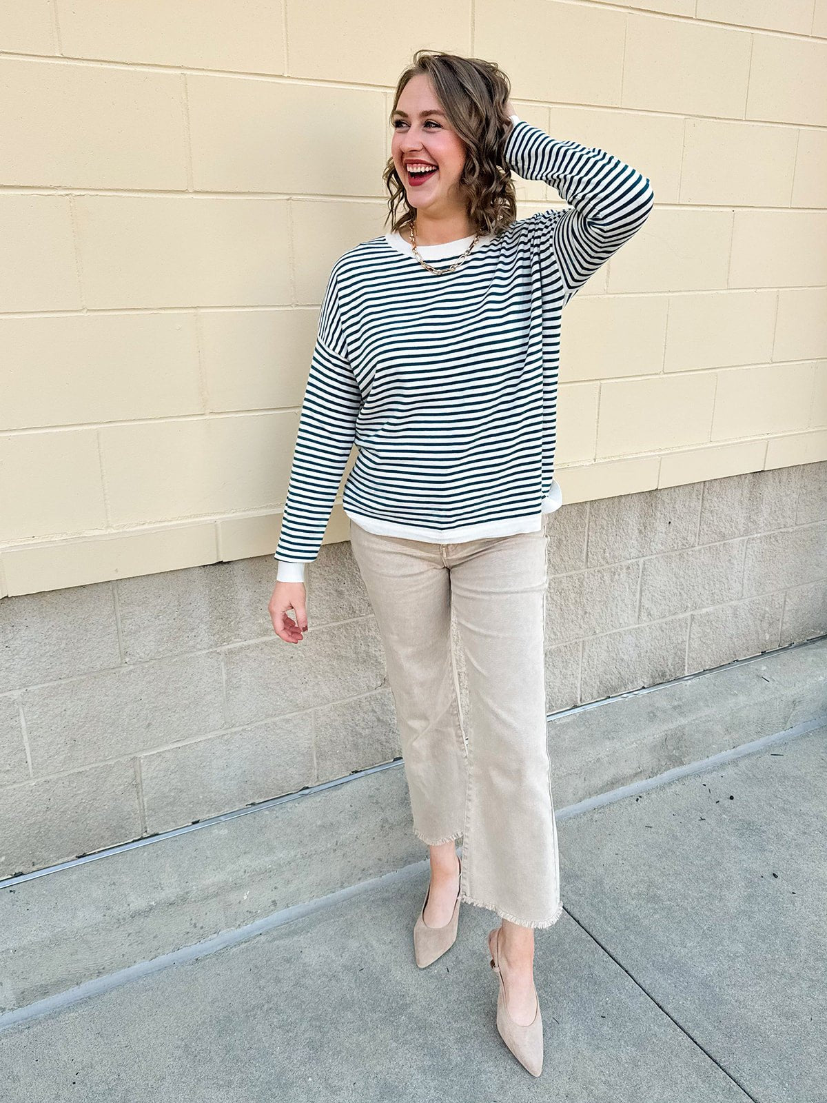 Weekend Stripes Crewneck Sweater in Fall Jade - The Pink Pineapple 850