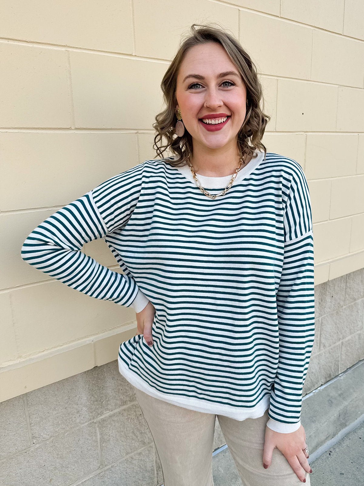 Weekend Stripes Crewneck Sweater in Fall Jade - The Pink Pineapple 850