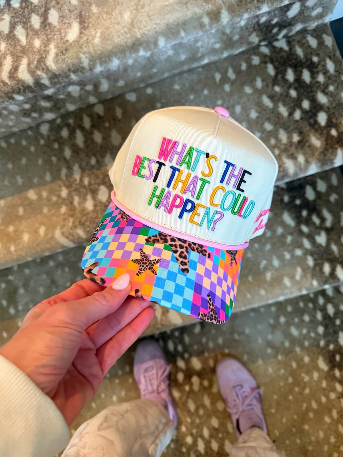 “What’s The Best That Could Happen” Cream Trucker Hat - The Pink Pineapple 850