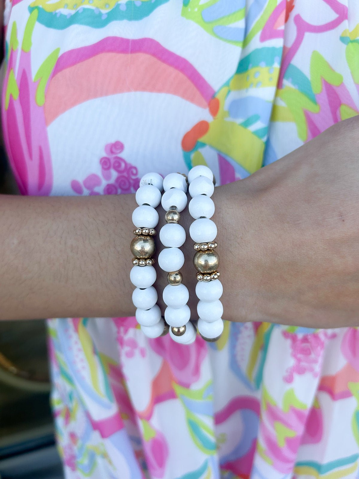 White and Gold Stacked Bracelet Set - The Pink Pineapple 850