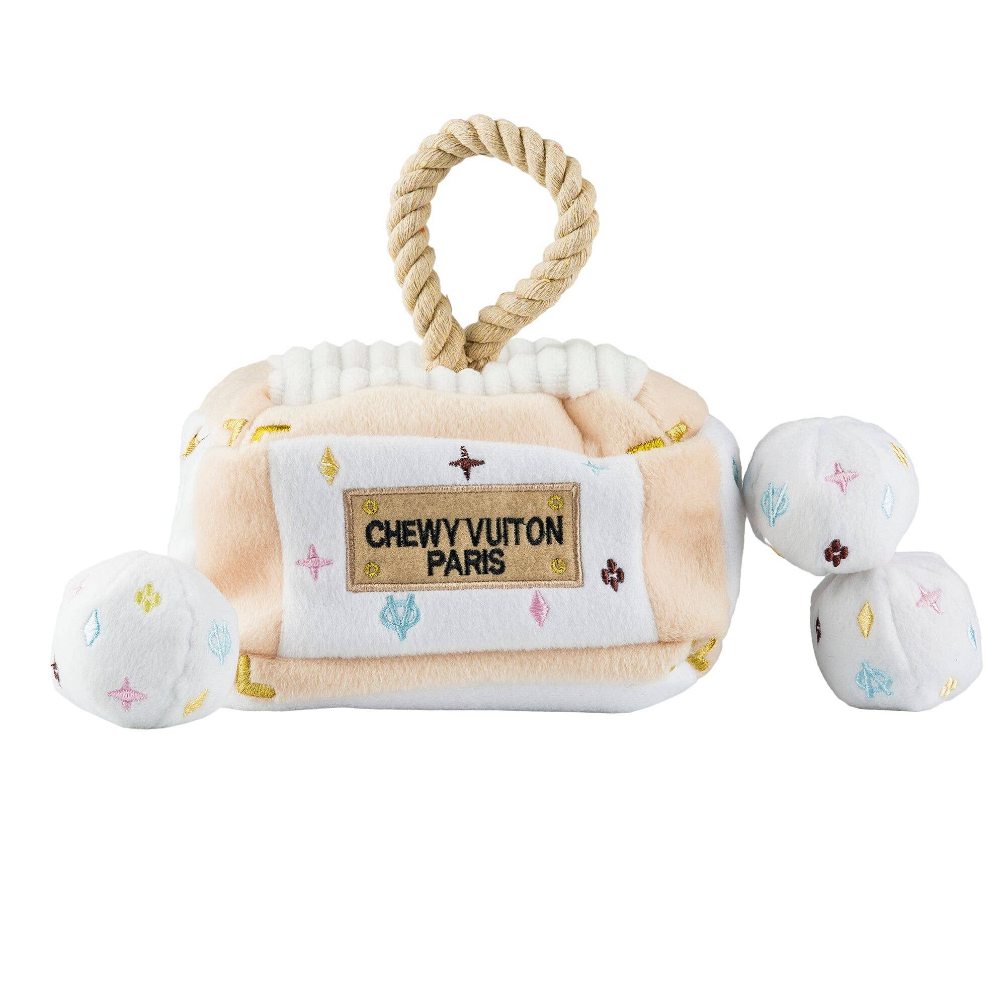 White Chewy Vuiton Trunk Activity House Dog Toy - The Pink Pineapple 850