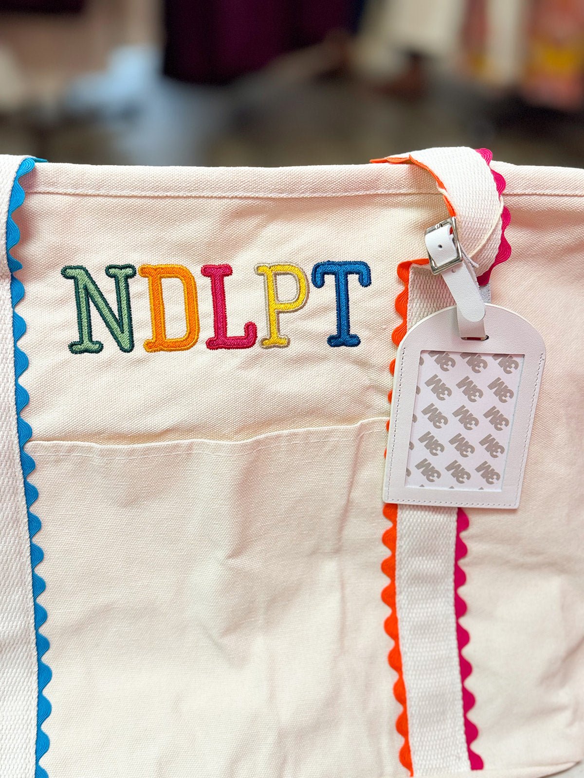 White Full Leather Needlepoint Bag Tag - The Pink Pineapple 850