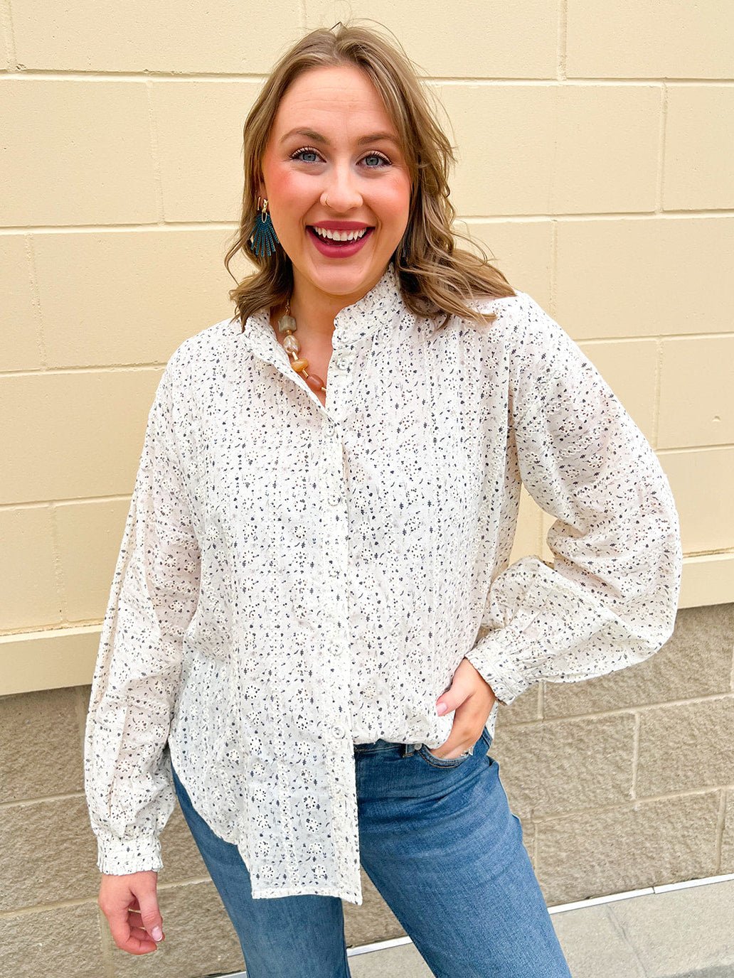 White Multi Ruffle Neck Button - Down Top - The Pink Pineapple 850