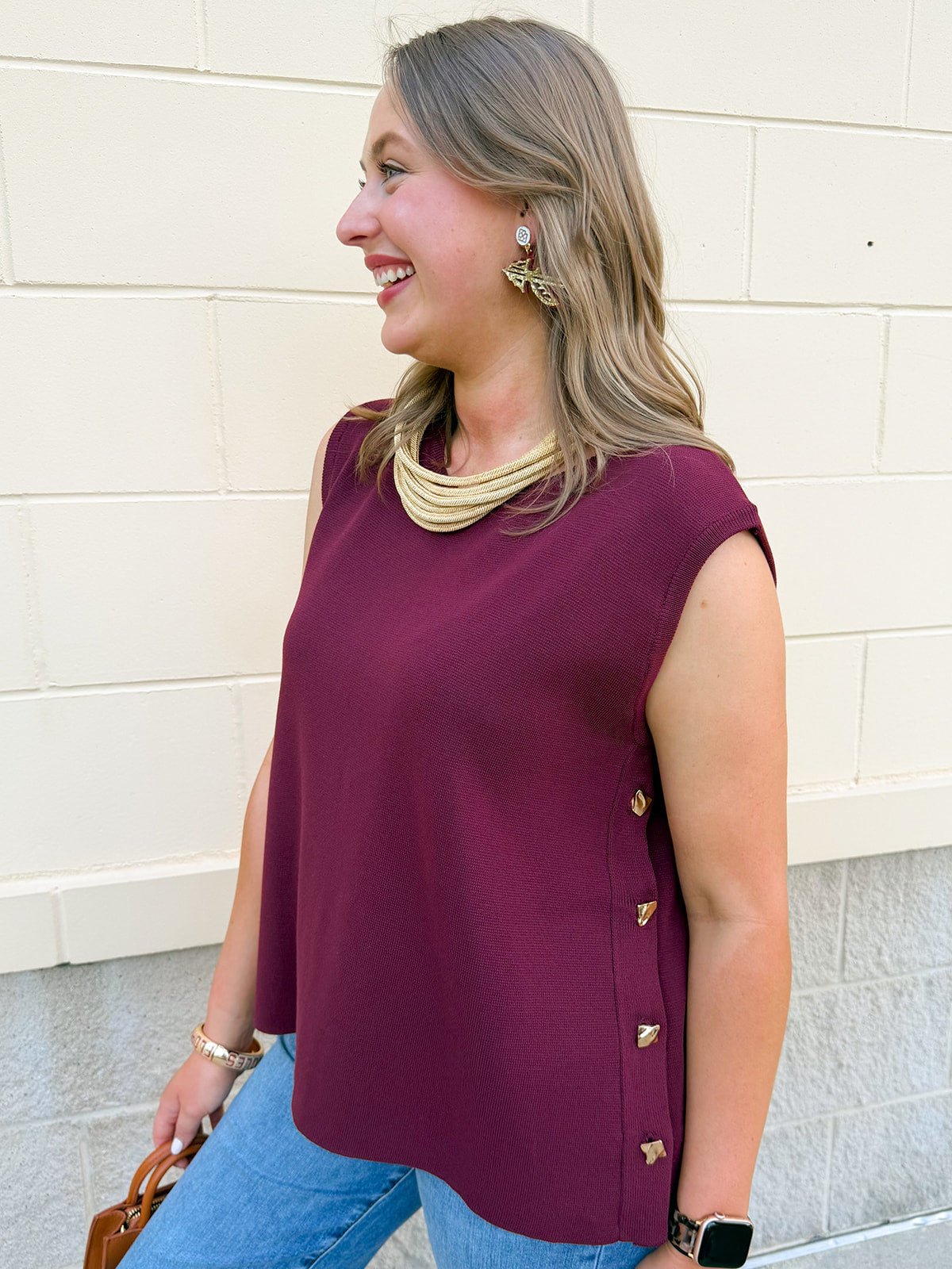 Wine Button Front Sweater Vest - The Pink Pineapple 850