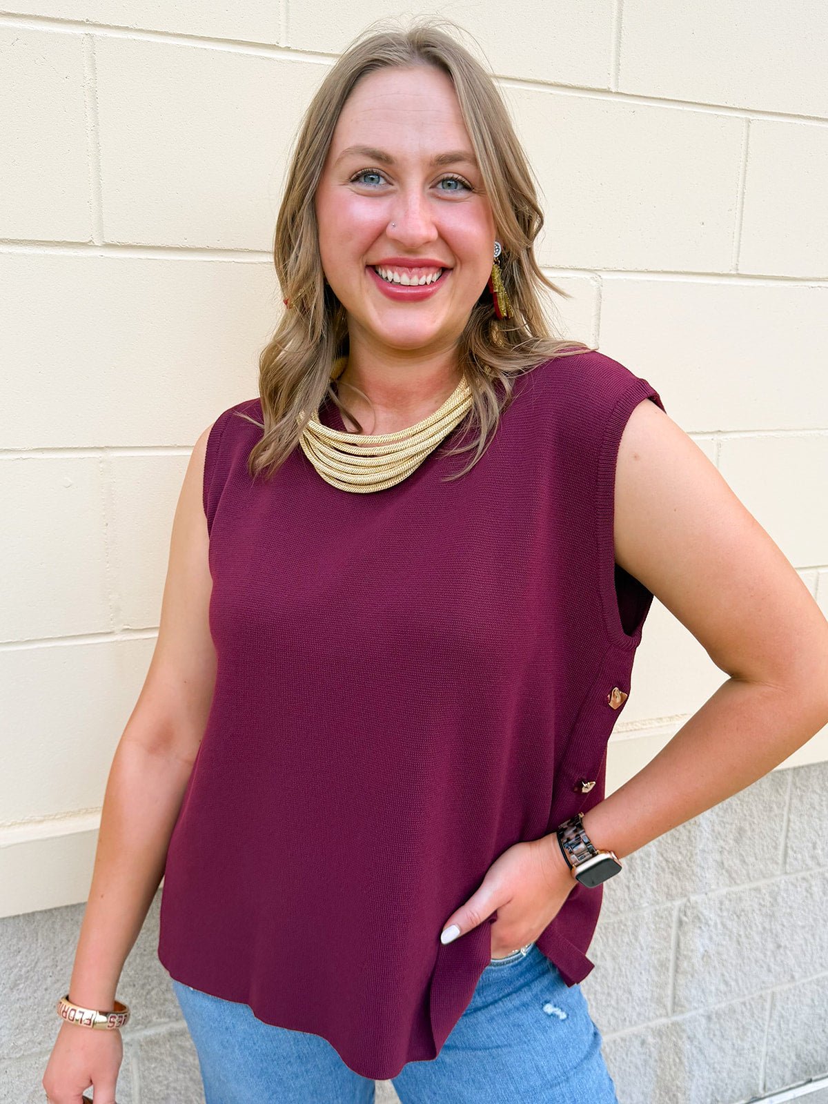 Wine Button Front Sweater Vest - The Pink Pineapple 850