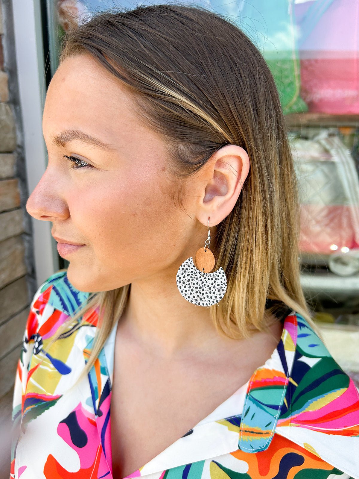 Wood+Leather Black Deco Round Earring - The Pink Pineapple 850