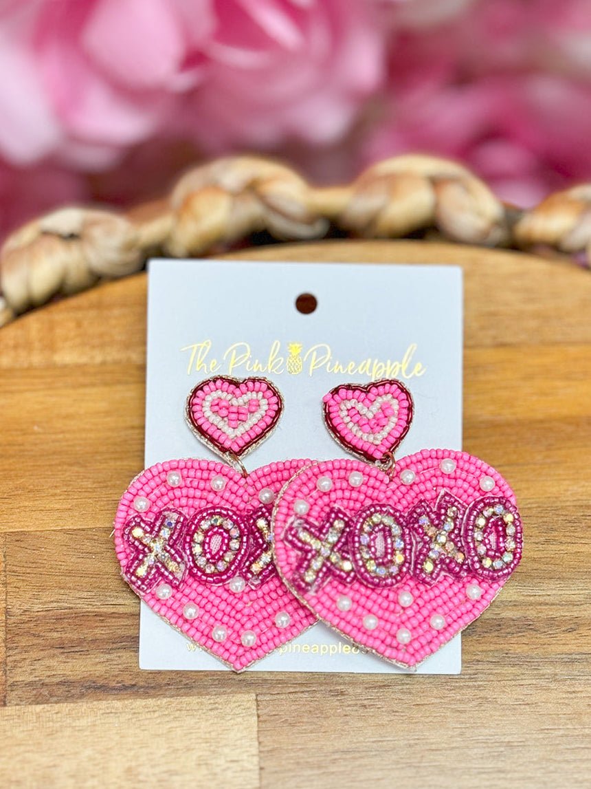 Xoxo Heart Shaped Valentine Beaded Earrings - Fuchsia - The Pink Pineapple 850