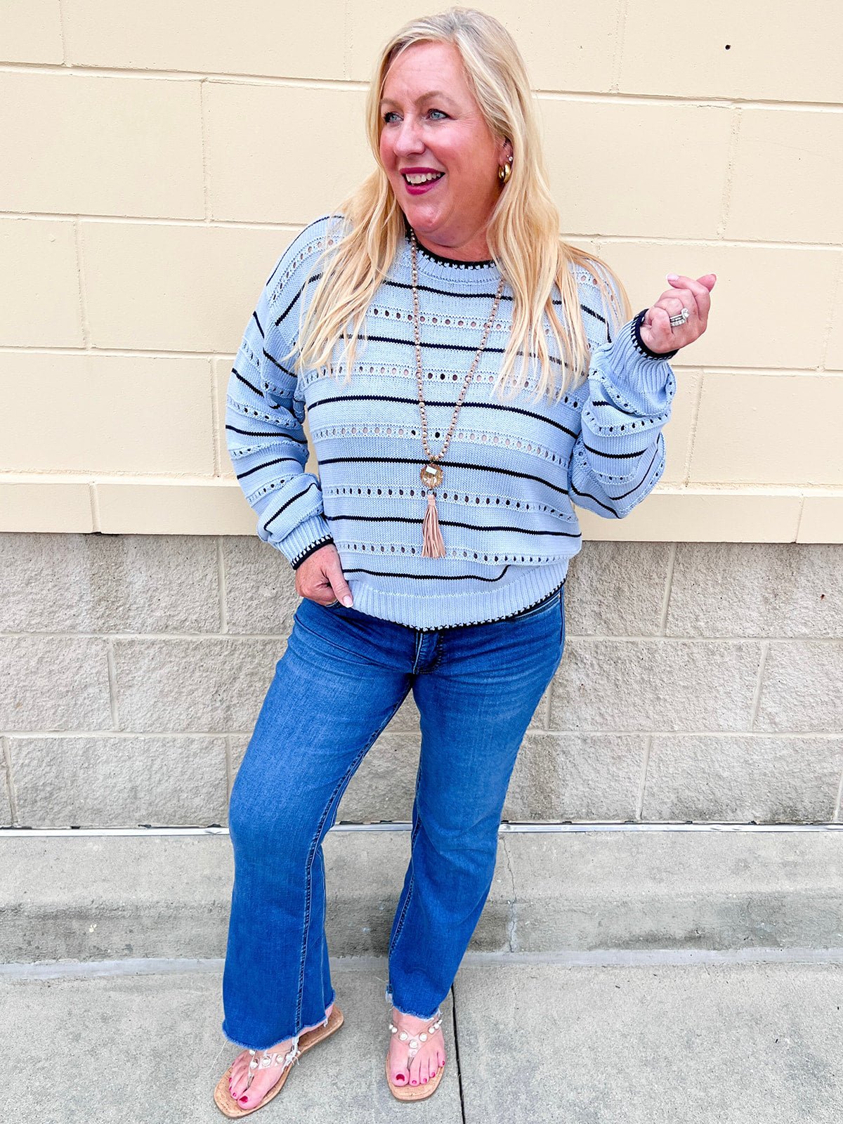 [Z Supply] Darby Stripe Pointelle Sweater in Skyline - The Pink Pineapple 850
