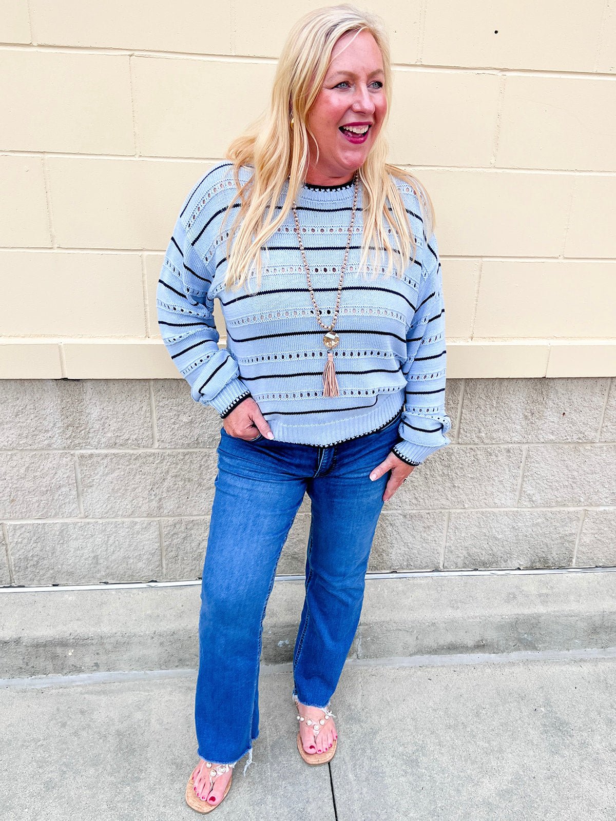 [Z Supply] Darby Stripe Pointelle Sweater in Skyline - The Pink Pineapple 850