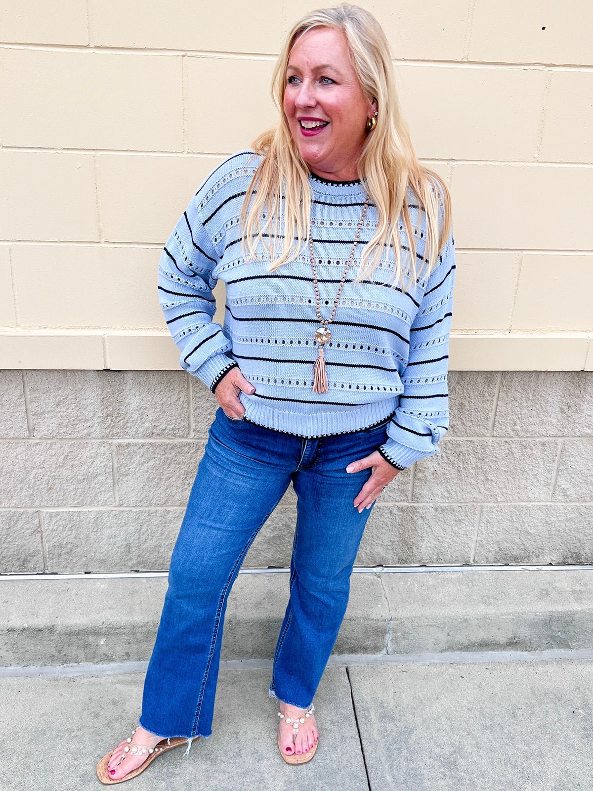 [Z Supply] Darby Stripe Pointelle Sweater in Skyline - The Pink Pineapple 850