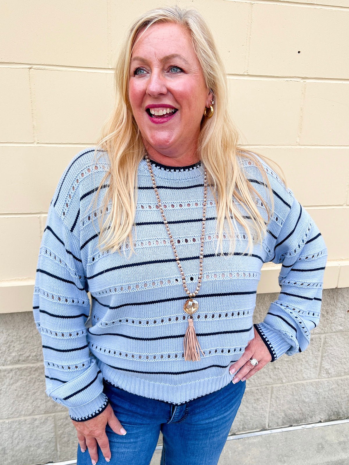 [Z Supply] Darby Stripe Pointelle Sweater in Skyline - The Pink Pineapple 850