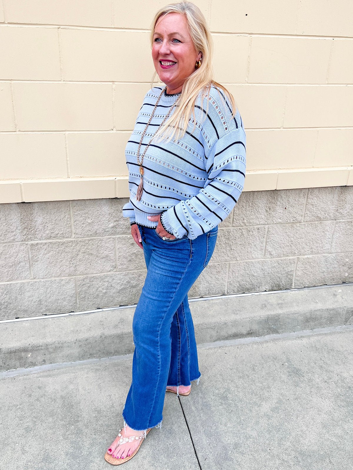 [Z Supply] Darby Stripe Pointelle Sweater in Skyline - The Pink Pineapple 850