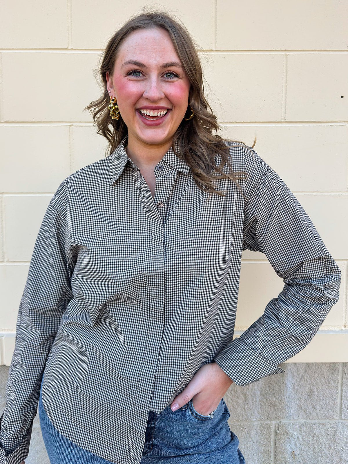 [Z Supply] On Duty Gingham Button Up Top in Dark Chocolate - The Pink Pineapple 850