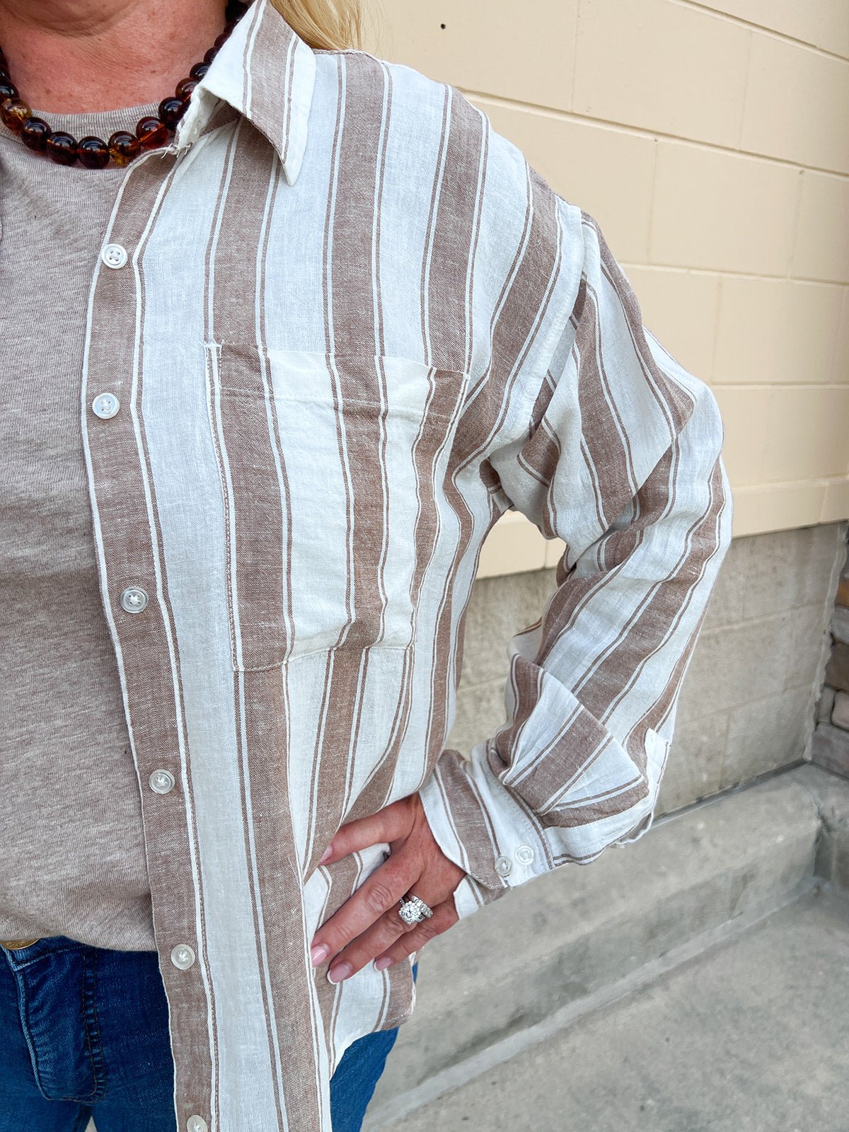 [Z Supply] Perfect Striped Linen Button Up in Light Toffee - The Pink Pineapple 850