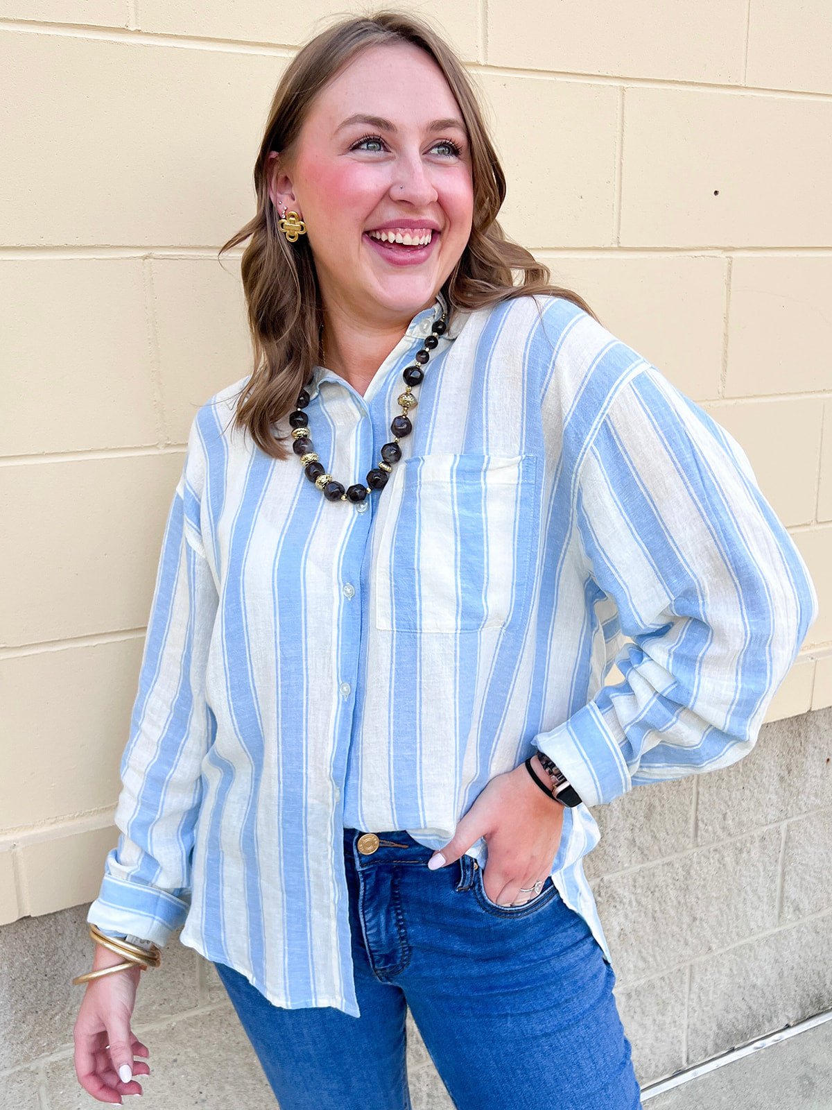 [Z Supply] Perfect Striped Linen Button Up in Skyline - The Pink Pineapple 850