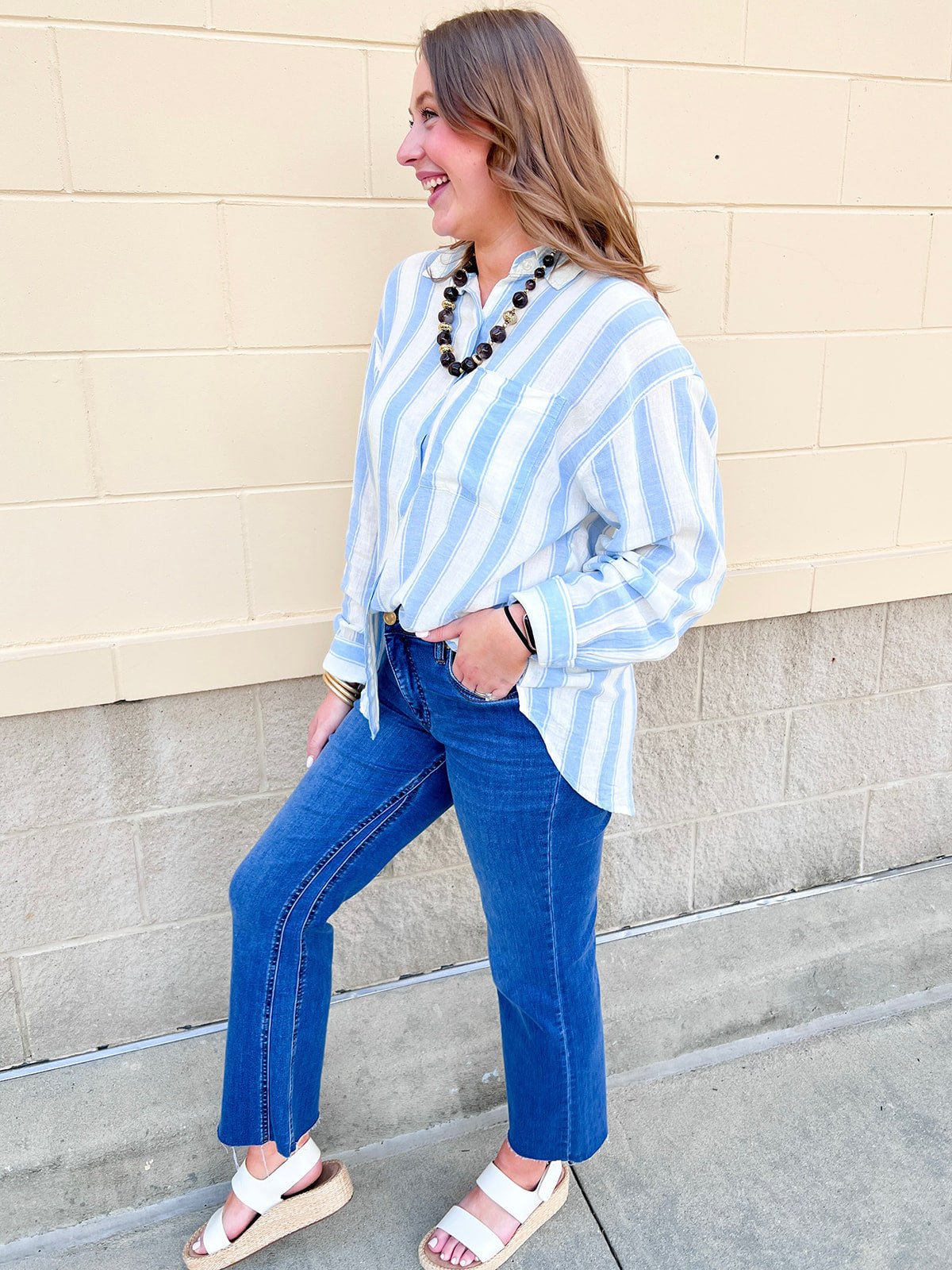 [Z Supply] Perfect Striped Linen Button Up in Skyline - The Pink Pineapple 850