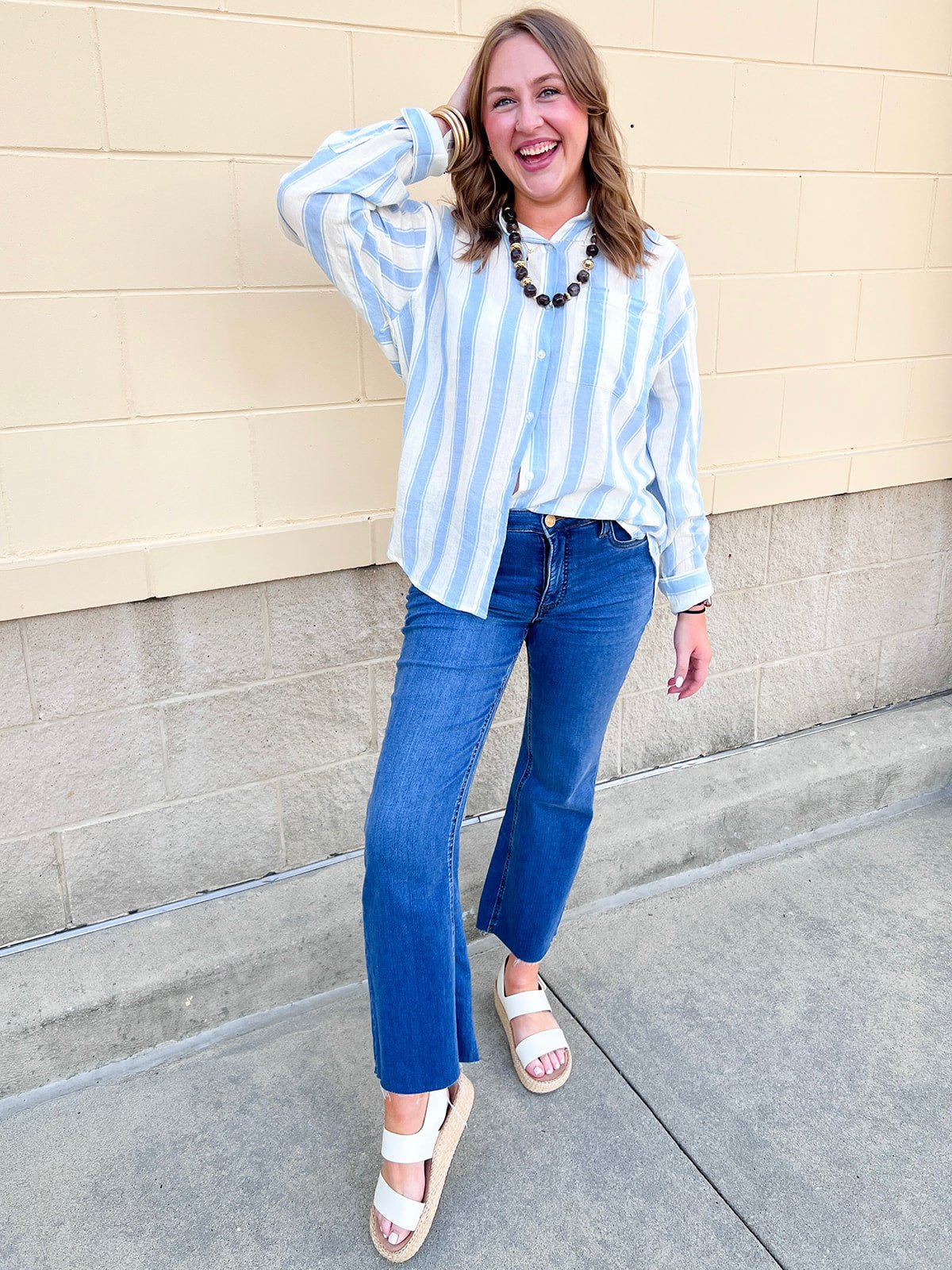 [Z Supply] Perfect Striped Linen Button Up in Skyline - The Pink Pineapple 850