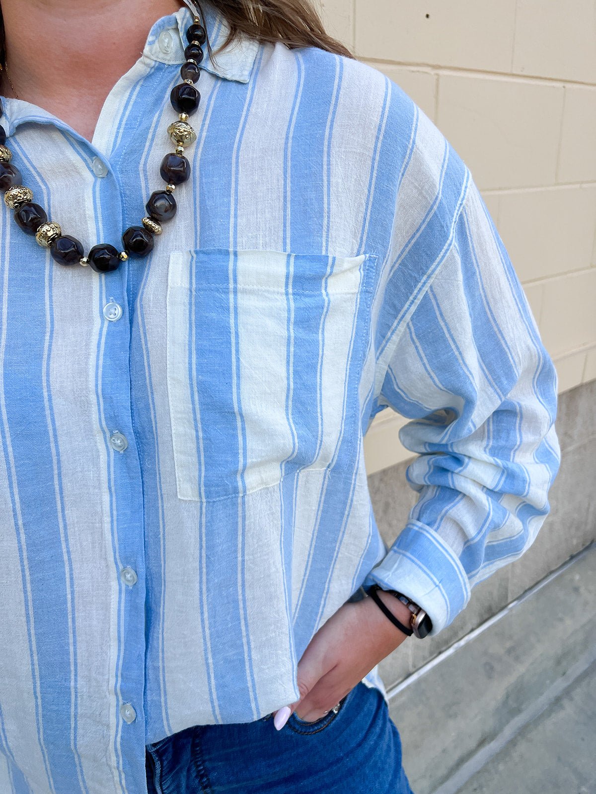 [Z Supply] Perfect Striped Linen Button Up in Skyline - The Pink Pineapple 850