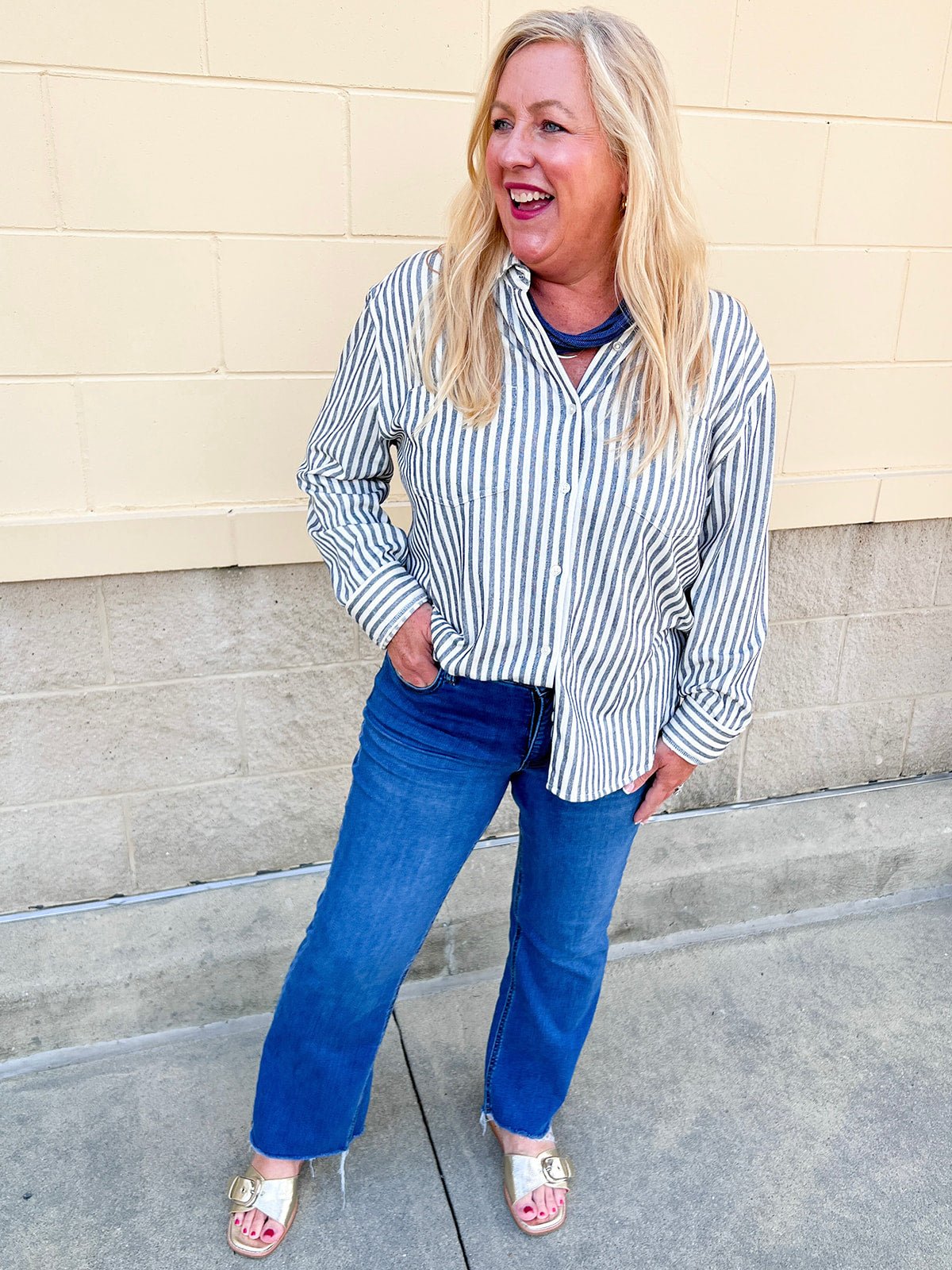 [Z Supply] Reese Button Up Stripe Top in Eclipse - The Pink Pineapple 850
