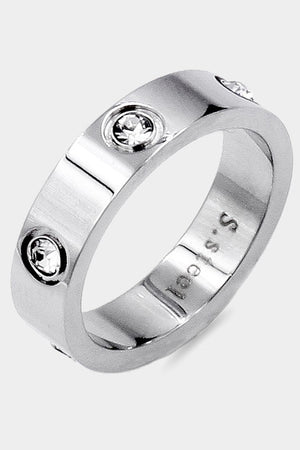 Stone Embellished Stainless Steel Band Ring-Silver | Front view