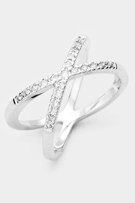 Gold Plated Cubic Zirconia Metal Crisscross Ring- Silver