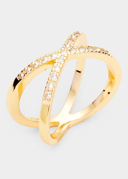 Gold Plated Cubic Zirconia Metal Crisscross Ring- Gold | Front view