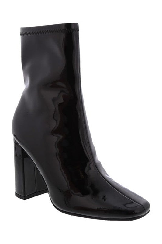 The Bruno Black Patent Leather Booties | Front View 